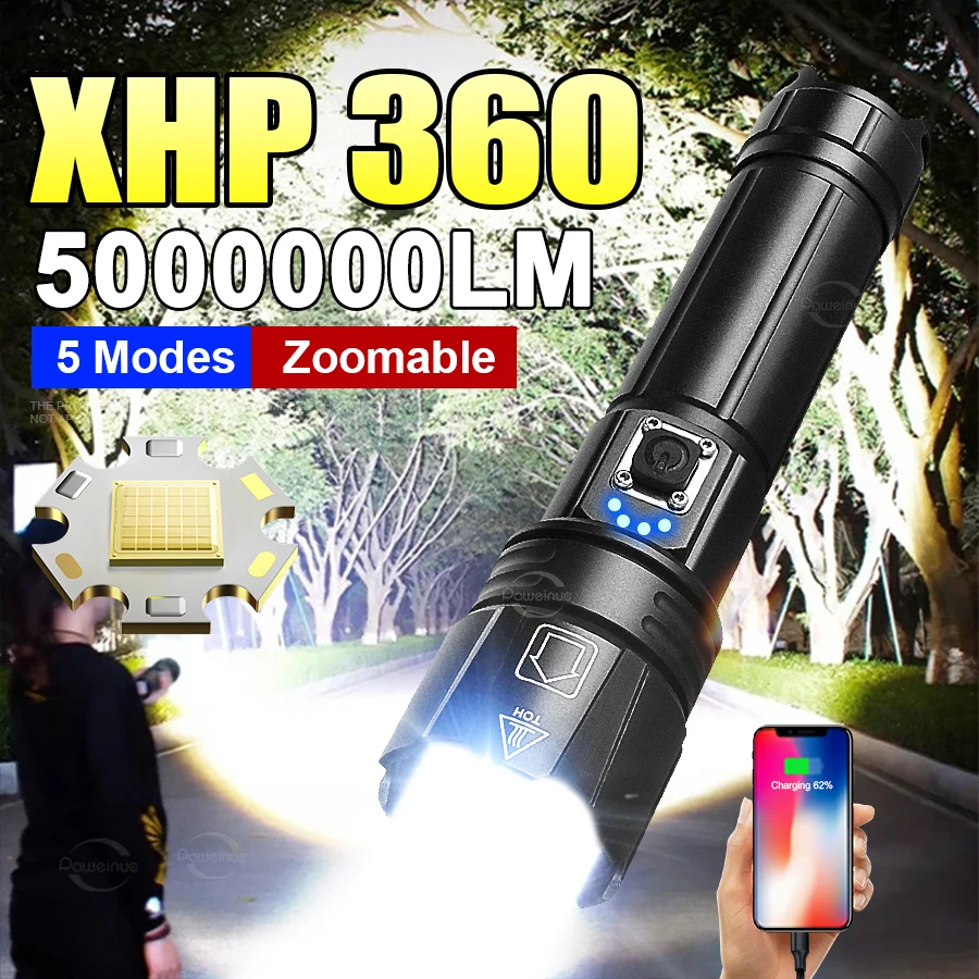 Мощный светодиодный фонарь 5000000 лм XHP360, ультраяркий, перезаряжаемый, с зумом, тактический фонарь-прожектор
Мощный светодиодный фонарь 5000000 лм XHP360, ультраяркий, перезаряжаемый, с зумом, тактический фонарь-прожектор