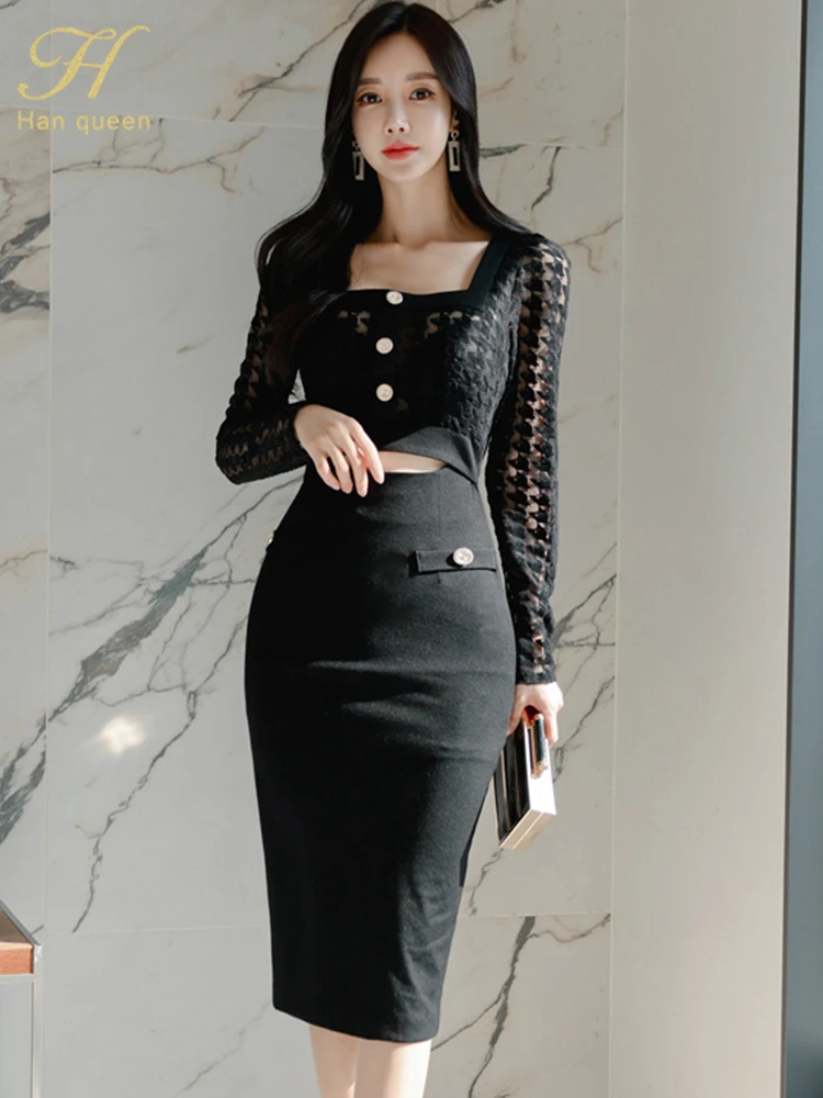H Han Queen Hot Sales Autumn Elegant Sexy Lace See-Through Pencil Dresses Women Korean Retro Vestidos Office Party Casual Dress
H Han Queen Hot Sales Autumn Elegant Sexy Lace See-Through Pencil Dresses Women Korean Retro Vestidos Office Party Casual Dress