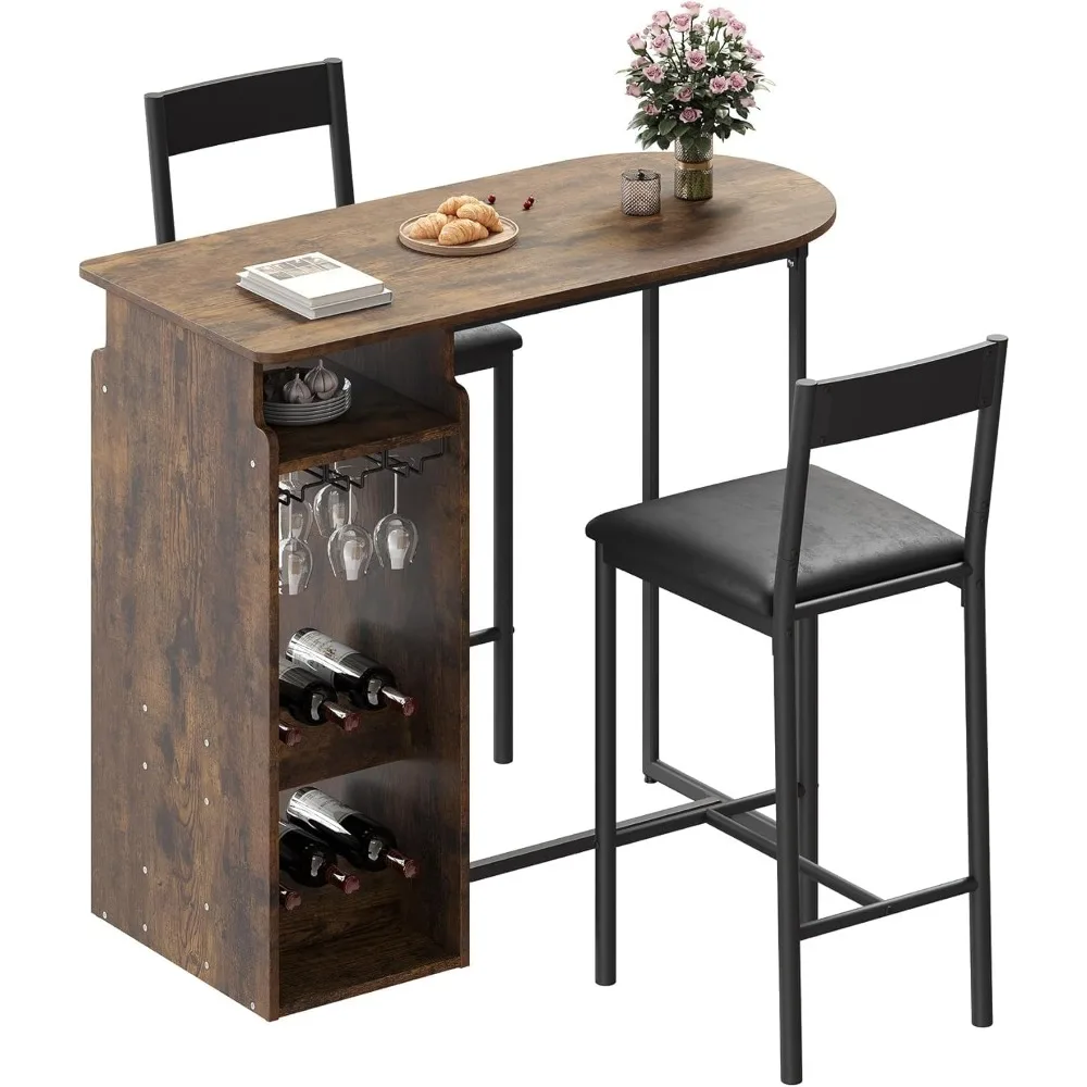 Bar Table and Chairs Set for 2, Stylish Dining Table with a Triple-Tier Wine Rack, Glass Holder, Elegant Brown Design 
Bar Table and Chairs Set for 2, Stylish Dining Table with a Triple-Tier Wine Rack, Glass Holder, Elegant Brown Design