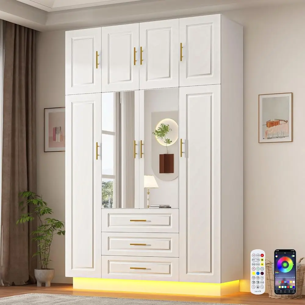 4-Door White Armoire with LED Lights, Hanging Rod, and Multi-Tier Storage
4-Door White Armoire with LED Lights, Hanging Rod, and Multi-Tier Storage