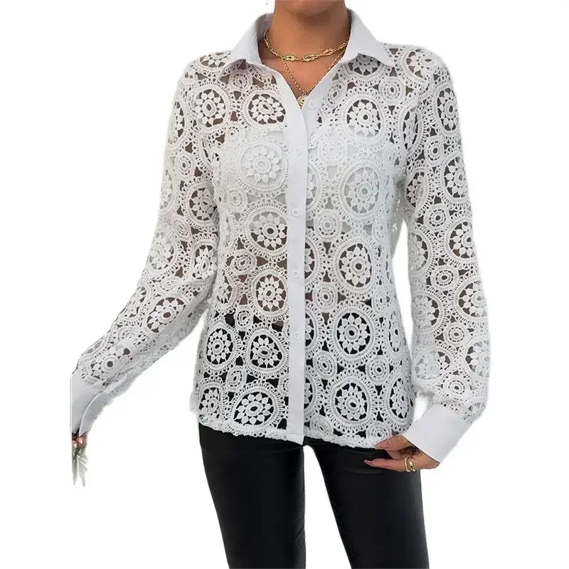 Spring Summer Hollow Out Flower Lace Splice Shirt Women Solid Color Single-breasted Cardigan Blouse Female Elegant Commuter Tops
Spring Summer Hollow Out Flower Lace Splice Shirt Women Solid Color Single-breasted Cardigan Blouse Female Elegant Commuter Tops