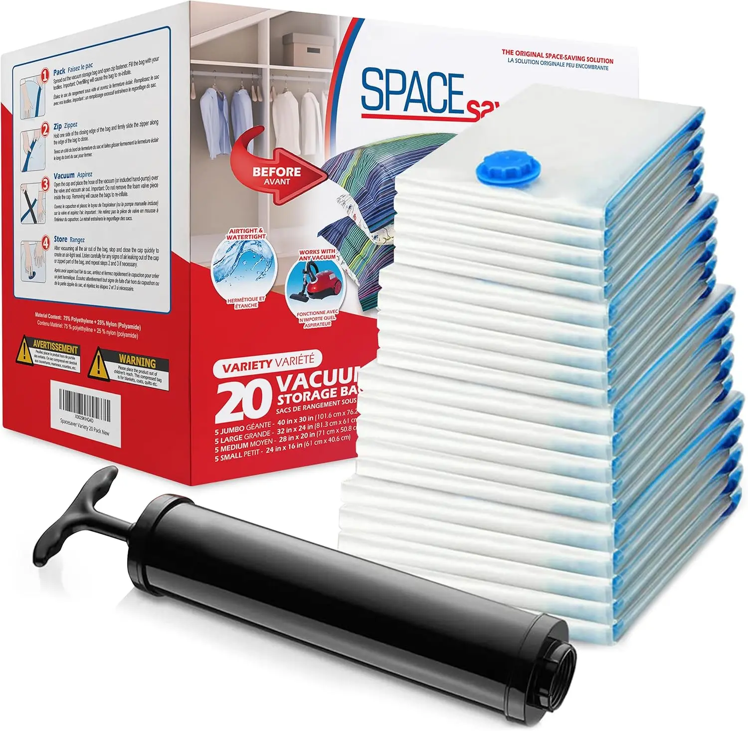 20 Pack Space Saver Vacuum Bags for Bedding Clothes Travel Storage with Hand Pump
20 Pack Space Saver Vacuum Bags for Bedding Clothes Travel Storage with Hand Pump