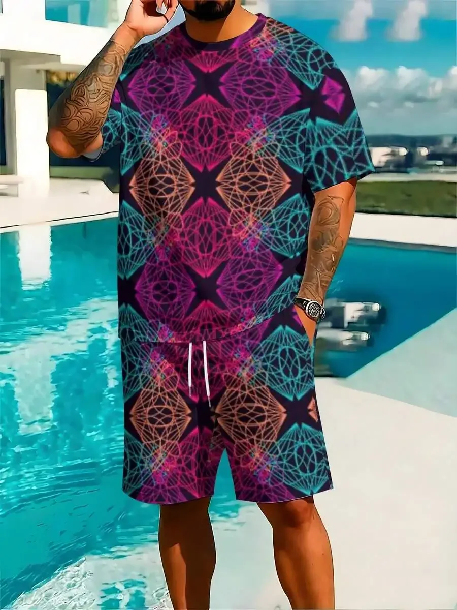 Mens Matching Short Sleeve Tee And Shorts Set With Vibrant Geometric Starburst Print In Pink Blue And Black For Summer Poolside
Mens Matching Short Sleeve Tee And Shorts Set With Vibrant Geometric Starburst Print In Pink Blue And Black For Summer Poolside