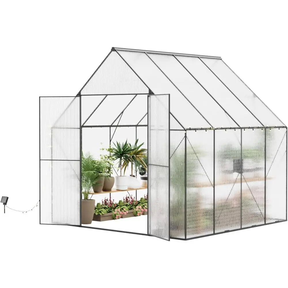 Large 8x8 FT Outdoor Polycarbonate Walk-in Greenhouse with Roof Vent and Aluminum Frame for Gardening
Large 8x8 FT Outdoor Polycarbonate Walk-in Greenhouse with Roof Vent and Aluminum Frame for Gardening