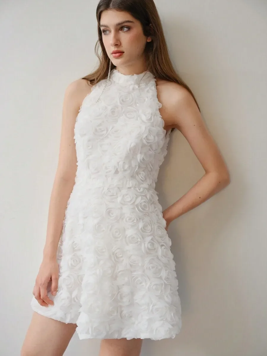 White Floral Appliqued Halter Neck Mini Dress For Spring Summer
White Floral Appliqued Halter Neck Mini Dress For Spring Summer