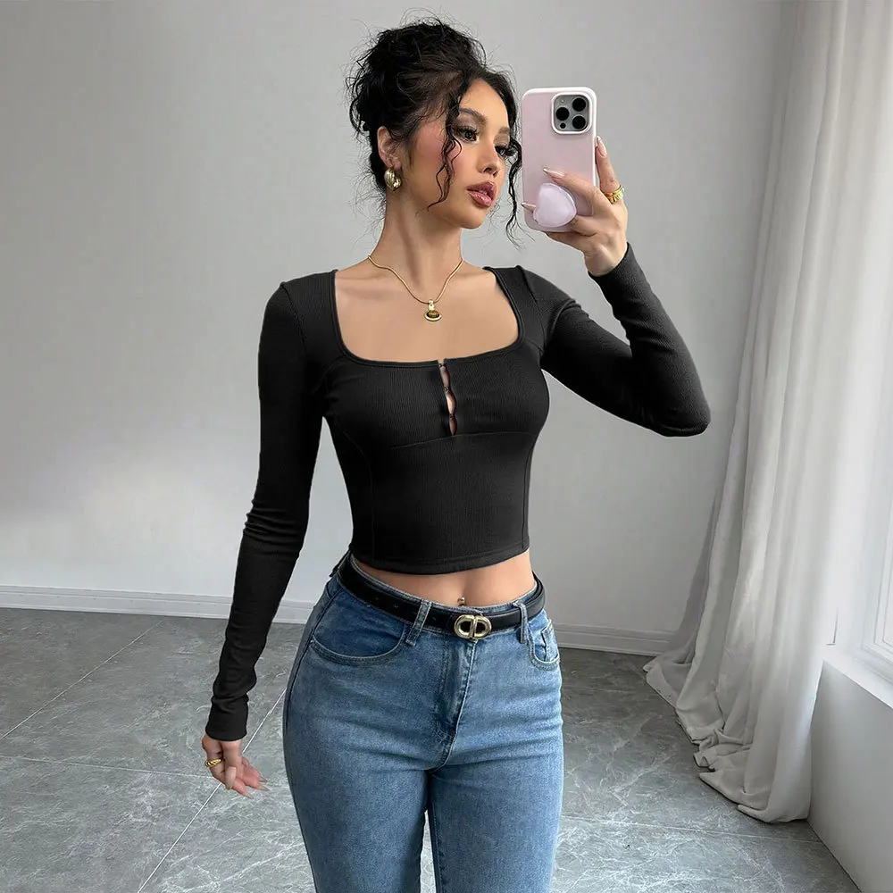 Sexy YJKDYK Autumn Women's Tees Square Neck Hollow Out Long Slleve Female's Knit Tops Black Slim Fit Versatile Outwear For Lady
Sexy YJKDYK Autumn Women's Tees Square Neck Hollow Out Long Slleve Female's Knit Tops Black Slim Fit Versatile Outwear For Lady