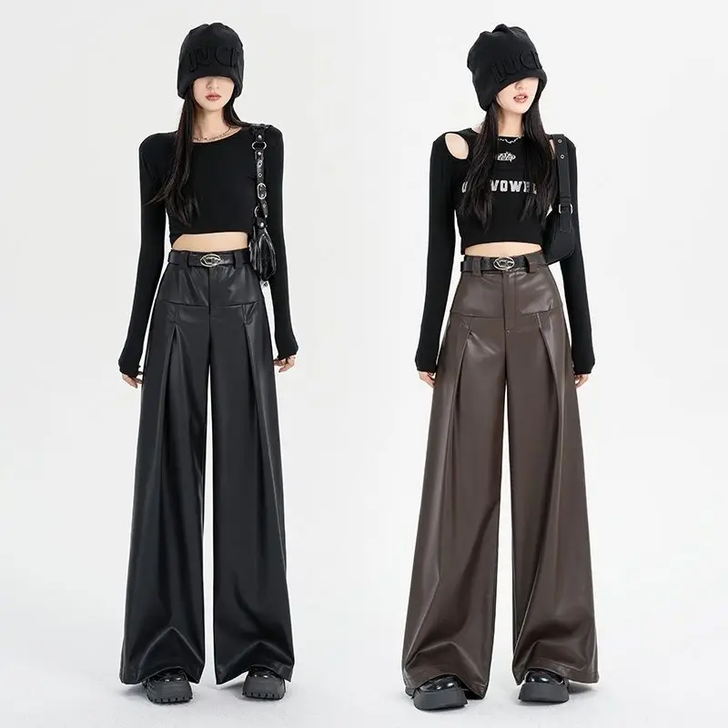 Spring Autumn Euro-American Black Faux PU Leather Pants Women Elastic High Waist Korean Wide Leg Pants Casual Length Trousers
Spring Autumn Euro-American Black Faux PU Leather Pants Women Elastic High Waist Korean Wide Leg Pants Casual Length Trousers