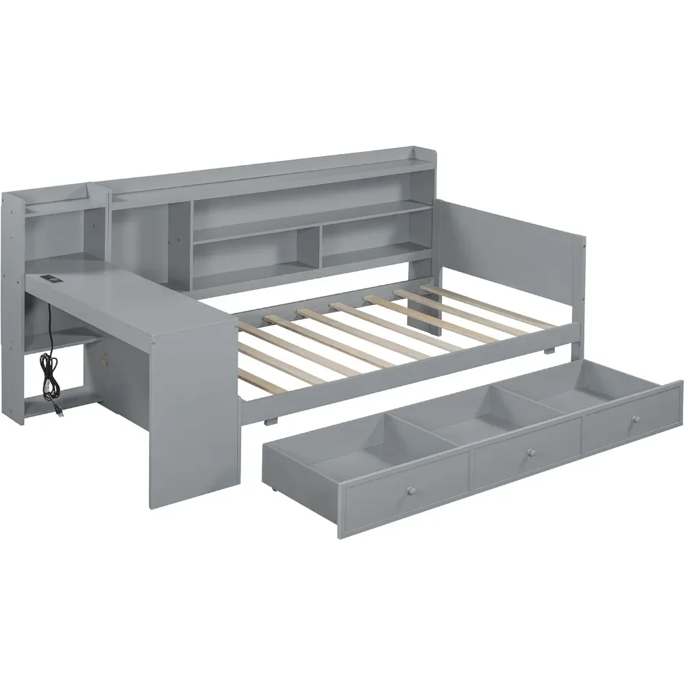 Twin Size Daybed Frame with Desk and 3 Storage Drawers & USB Port Shelves Headboard, Pinewood Corner Bed, Twin Captain Bed
Twin Size Daybed Frame with Desk and 3 Storage Drawers & USB Port Shelves Headboard, Pinewood Corner Bed, Twin Captain Bed
