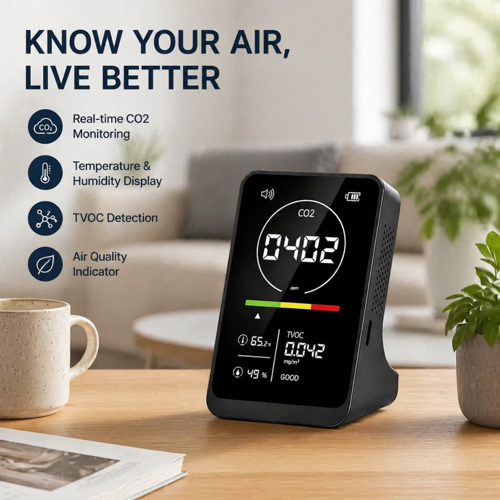 5-in-1 CO2 Detector Air Quality Monitor Real-Time Temp Humidity Gas Tester Indoor Pollutant Sensor for Home School Office
5-in-1 CO2 Detector Air Quality Monitor Real-Time Temp Humidity Gas Tester Indoor Pollutant Sensor for Home School Office