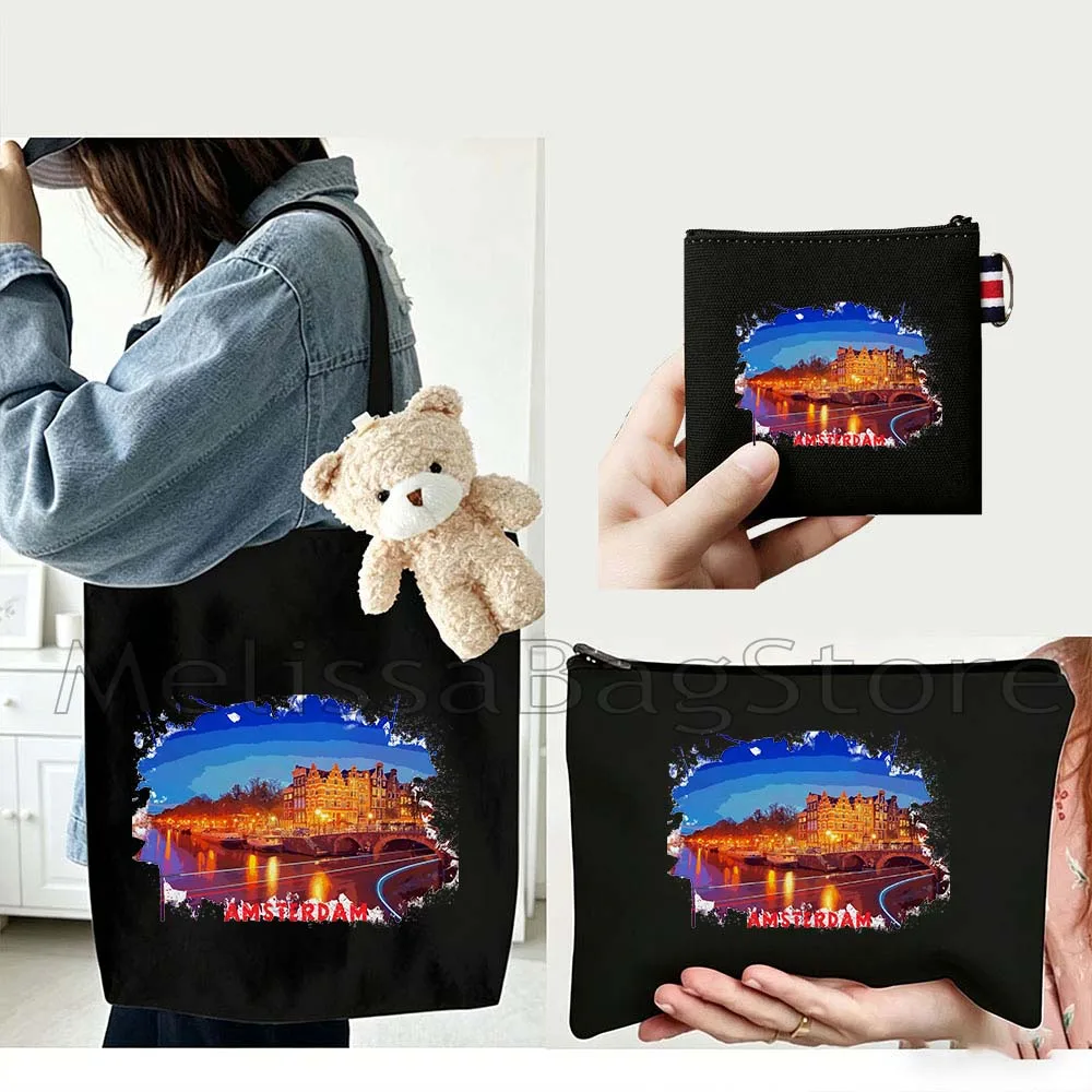 4PCS Gift Set Amsterdam Netherlands Black Canvas Tote Bag Handbag with Doll Key Coin Purse Cosmetic Makeup Toilet Bag Case Pouch
4PCS Gift Set Amsterdam Netherlands Black Canvas Tote Bag Handbag with Doll Key Coin Purse Cosmetic Makeup Toilet Bag Case Pouch
