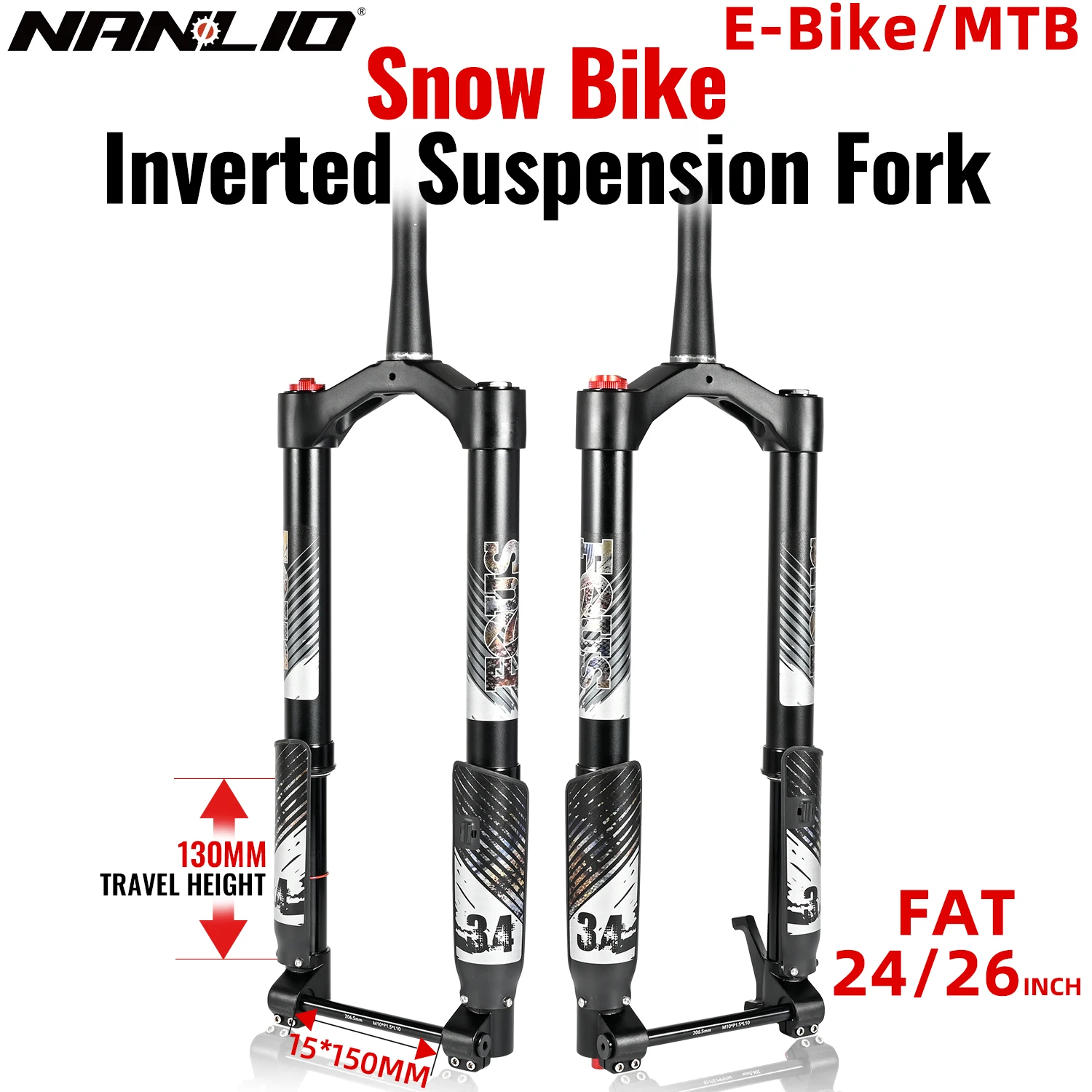NANLIO Single Crown Inverted Snow Fat Bike Fork 130mm Travel 15x150mm Thru Axle Suspension For 24 26 Inch E-Bike MTB
NANLIO Single Crown Inverted Snow Fat Bike Fork 130mm Travel 15x150mm Thru Axle Suspension For 24 26 Inch E-Bike MTB