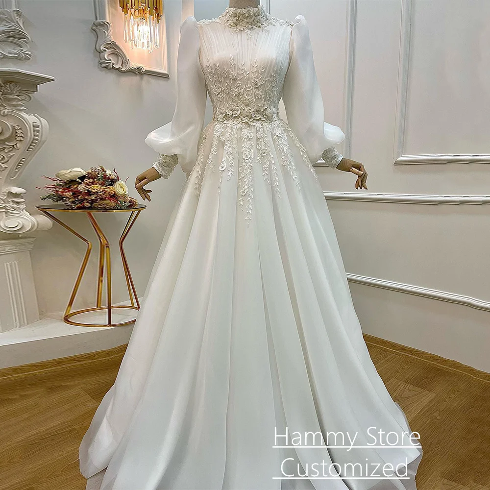 Organza Wedding Dress Customized High Neck Puff Sleeves 3d Flowers Pearls A Line Sweep Train Saudi Arabic Bridal Gowns
Organza Wedding Dress Customized High Neck Puff Sleeves 3d Flowers Pearls A Line Sweep Train Saudi Arabic Bridal Gowns