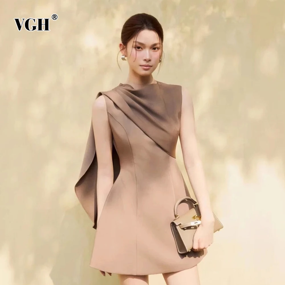 VGH Slimming Solid Elegant Short Dresses For Women Round Neck Sleeveless High Waist Spliced Folds Designer Dress Female Style 
VGH Slimming Solid Elegant Short Dresses For Women Round Neck Sleeveless High Waist Spliced Folds Designer Dress Female Style