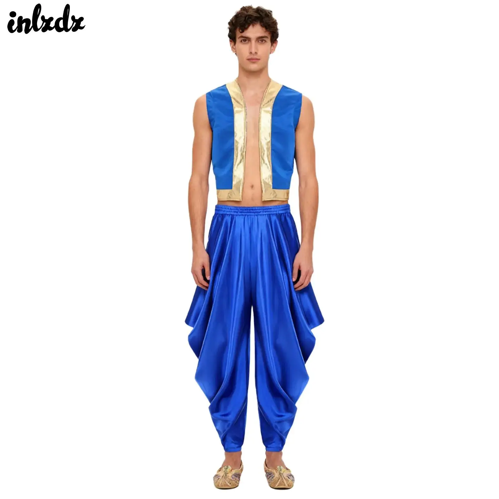 Men Halloween Arabian Arab Prince Themed Party Cosplay Costume Open Front Metallic Shiny Trim Vest And Loose Harem Pants Set
Men Halloween Arabian Arab Prince Themed Party Cosplay Costume Open Front Metallic Shiny Trim Vest And Loose Harem Pants Set