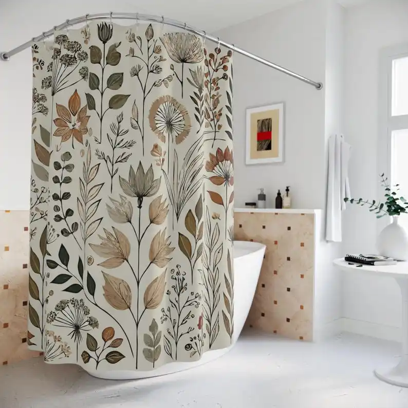 Earthy Botanical Shower Curtain - Delicate Wildflowers & Foliage, Harmonious Pattern
Earthy Botanical Shower Curtain - Delicate Wildflowers & Foliage, Harmonious Pattern