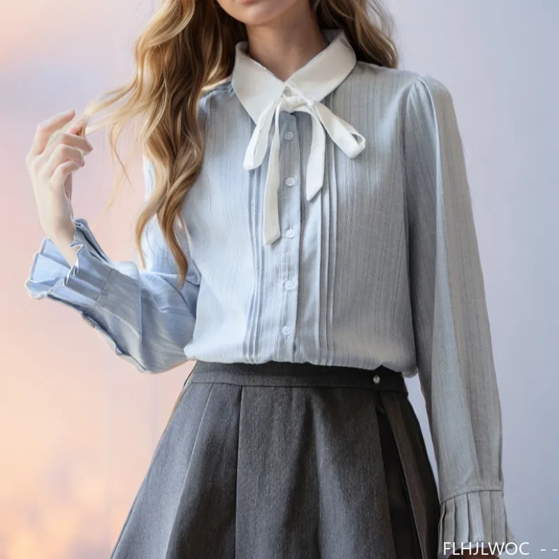 Винтажные Топы в стиле ретро с бантом, осень 2024, базовая одежда в стиле преппи для девочек, однобортная рубашка в японском стиле с пуговицами и оборками 
Винтажные Топы в стиле ретро с бантом, осень 2024, базовая одежда в стиле преппи для девочек, однобортная рубашка в японском стиле с пуговицами и оборками