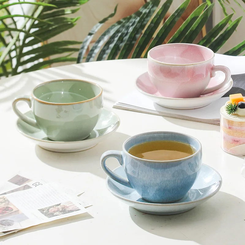 European style ceramic coffee cups and plates set reactive glaze vintage porcelain tea with Saucer
European style ceramic coffee cups and plates set reactive glaze vintage porcelain tea with Saucer
