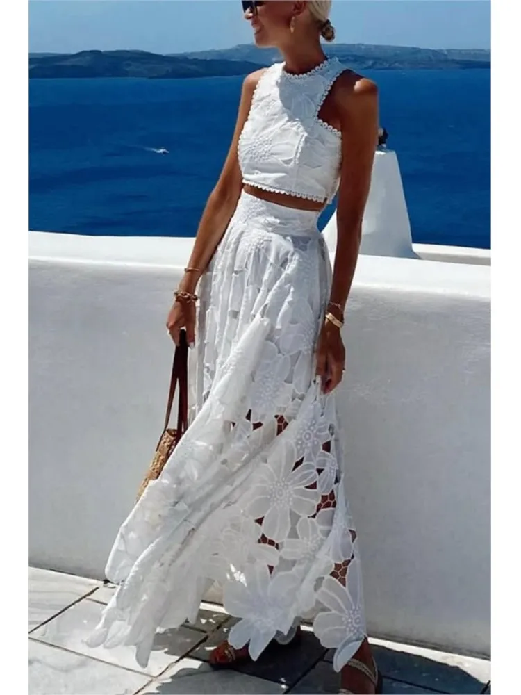 Summer Lace Hollow Solid Women's 2Piece Set Fashion O-neck Sleeveless Top With Long Skirt Suit Sexy Exposed Navel Holiday Outfit
Summer Lace Hollow Solid Women's 2Piece Set Fashion O-neck Sleeveless Top With Long Skirt Suit Sexy Exposed Navel Holiday Outfit