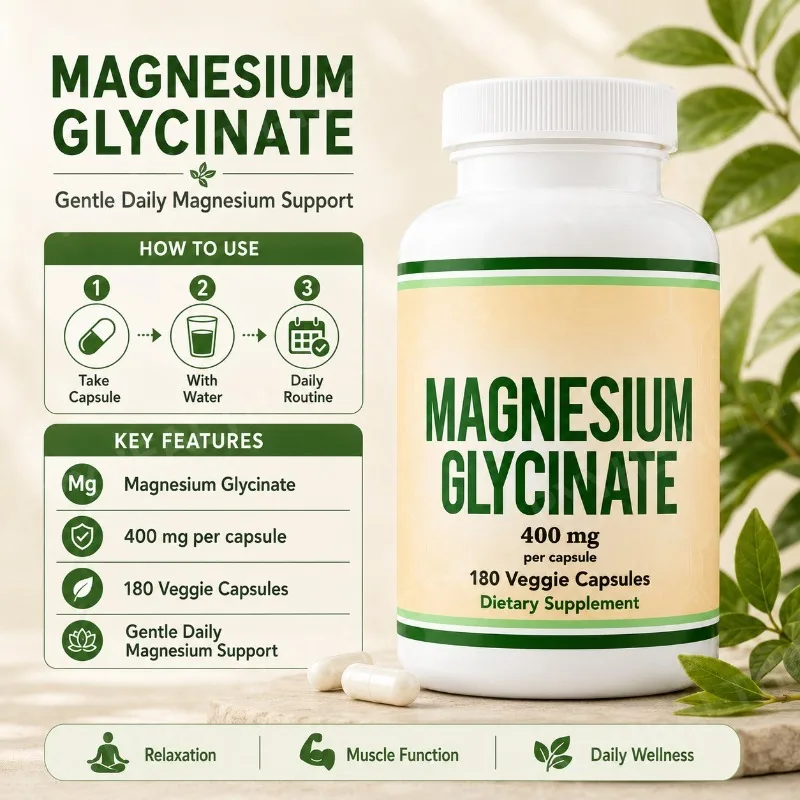 Magnesium Glycinate Capsules 400mg, 60mg Elemental Magnesium, Vegan Daily Mineral Support, Gentle Formula, 180 Count
Magnesium Glycinate Capsules 400mg, 60mg Elemental Magnesium, Vegan Daily Mineral Support, Gentle Formula, 180 Count