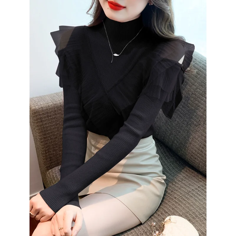 Mesh spliced ruffled half turtleneck knitted base shirt women's sweater top
Mesh spliced ruffled half turtleneck knitted base shirt women's sweater top
