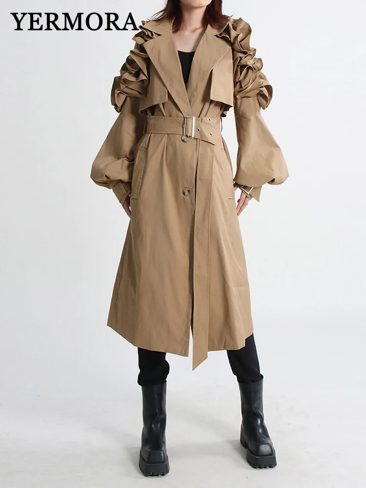 YERMORA Khaki Ruffles Shoulder Belt Casual Trench For Womne Lapel Long Sleeve Loose New Windbreaker Fashion Spring Autumn 2025
YERMORA Khaki Ruffles Shoulder Belt Casual Trench For Womne Lapel Long Sleeve Loose New Windbreaker Fashion Spring Autumn 2025