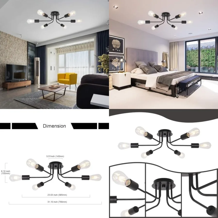 Semi Flush Mount Ceiling Light Fixture 6-Light Modern Sputnik Chandelier Lighting Vintage Metal Ceiling Lamp E26 Living Room Li
Semi Flush Mount Ceiling Light Fixture 6-Light Modern Sputnik Chandelier Lighting Vintage Metal Ceiling Lamp E26 Living Room Li