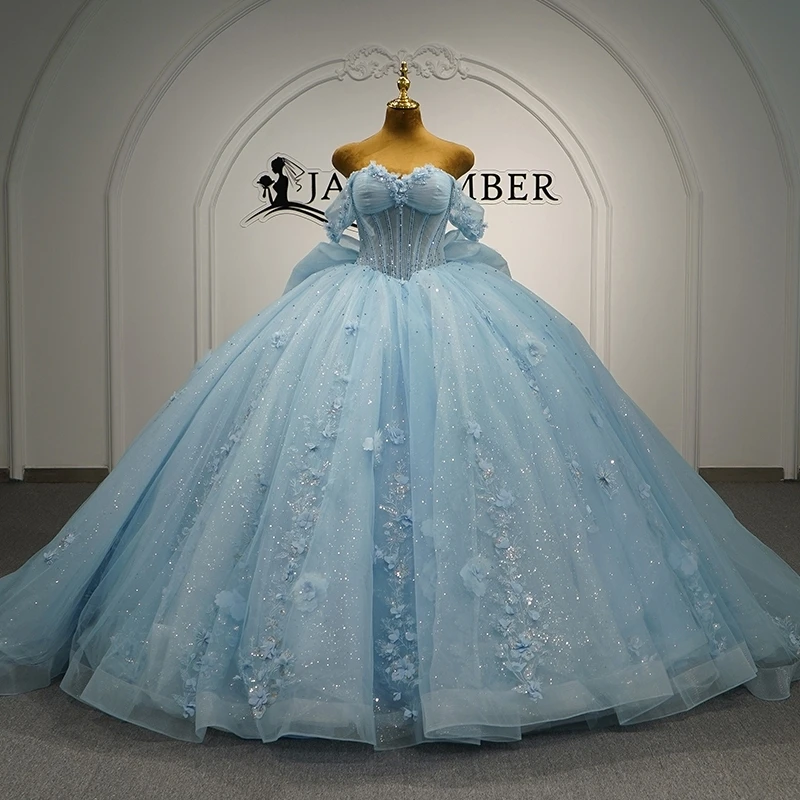 Light Blue Shiny Ball Gown Quinceanera Dresses Applique Flower Beading Crystal Tiered Tull Bow Corset Off The Shoulder Sweet 16
Light Blue Shiny Ball Gown Quinceanera Dresses Applique Flower Beading Crystal Tiered Tull Bow Corset Off The Shoulder Sweet 16
