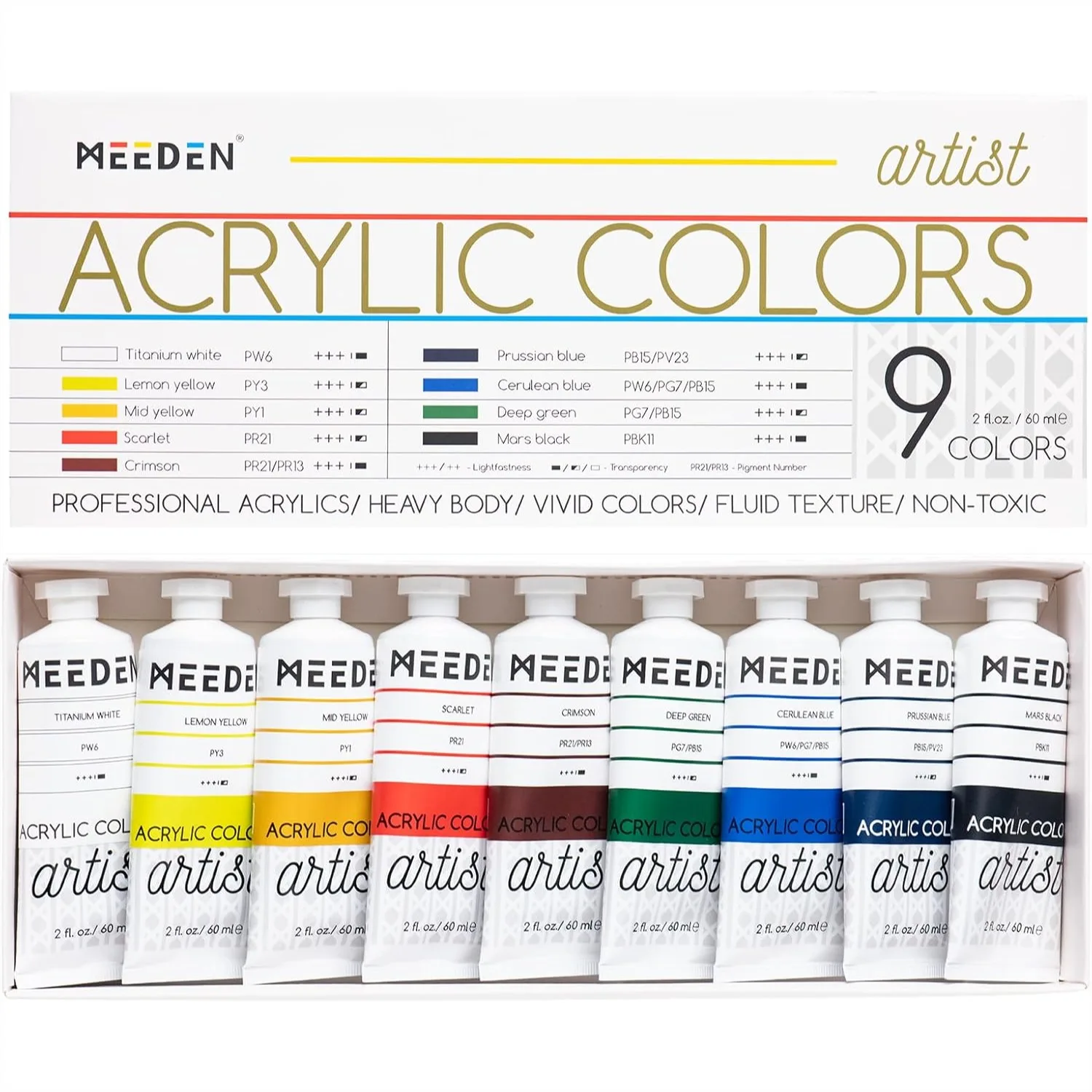 Acrylic Paint Set 60ml/2oz*9 Heavy Body Tubes for Canvas Painting with Rich Pigments
Acrylic Paint Set 60ml/2oz*9 Heavy Body Tubes for Canvas Painting with Rich Pigments