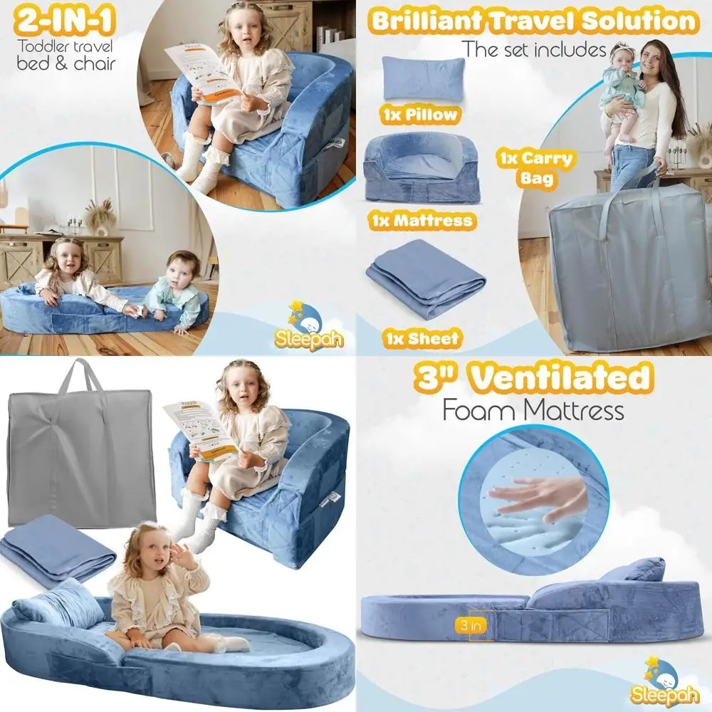 Portable Toddler Bed & Chair with Safety Bumpers - Foldable Cot for Ages 2-6, Lounger with Sheet, Pillow & Case (Blue)
Portable Toddler Bed & Chair with Safety Bumpers - Foldable Cot for Ages 2-6, Lounger with Sheet, Pillow & Case (Blue)