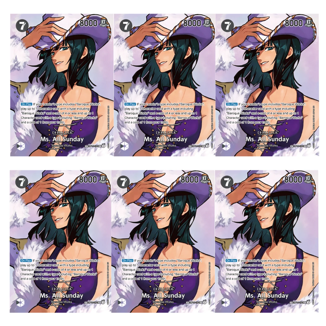 Diy One Piece 6pcs/set The Azure Sea's Seven OP14-084 Color Flash Card Ms. All Sunday SP Different Painting Game Collection Card
Diy One Piece 6pcs/set The Azure Sea's Seven OP14-084 Color Flash Card Ms. All Sunday SP Different Painting Game Collection Card