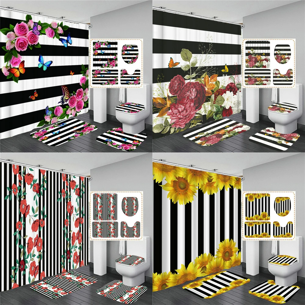 Black and White Flowers Print Fabric Shower Curtains Bathroom Curtain Set Flower Anti-skid Rugs Carpet Toilet Lid Cover Bath Mat
Black and White Flowers Print Fabric Shower Curtains Bathroom Curtain Set Flower Anti-skid Rugs Carpet Toilet Lid Cover Bath Mat