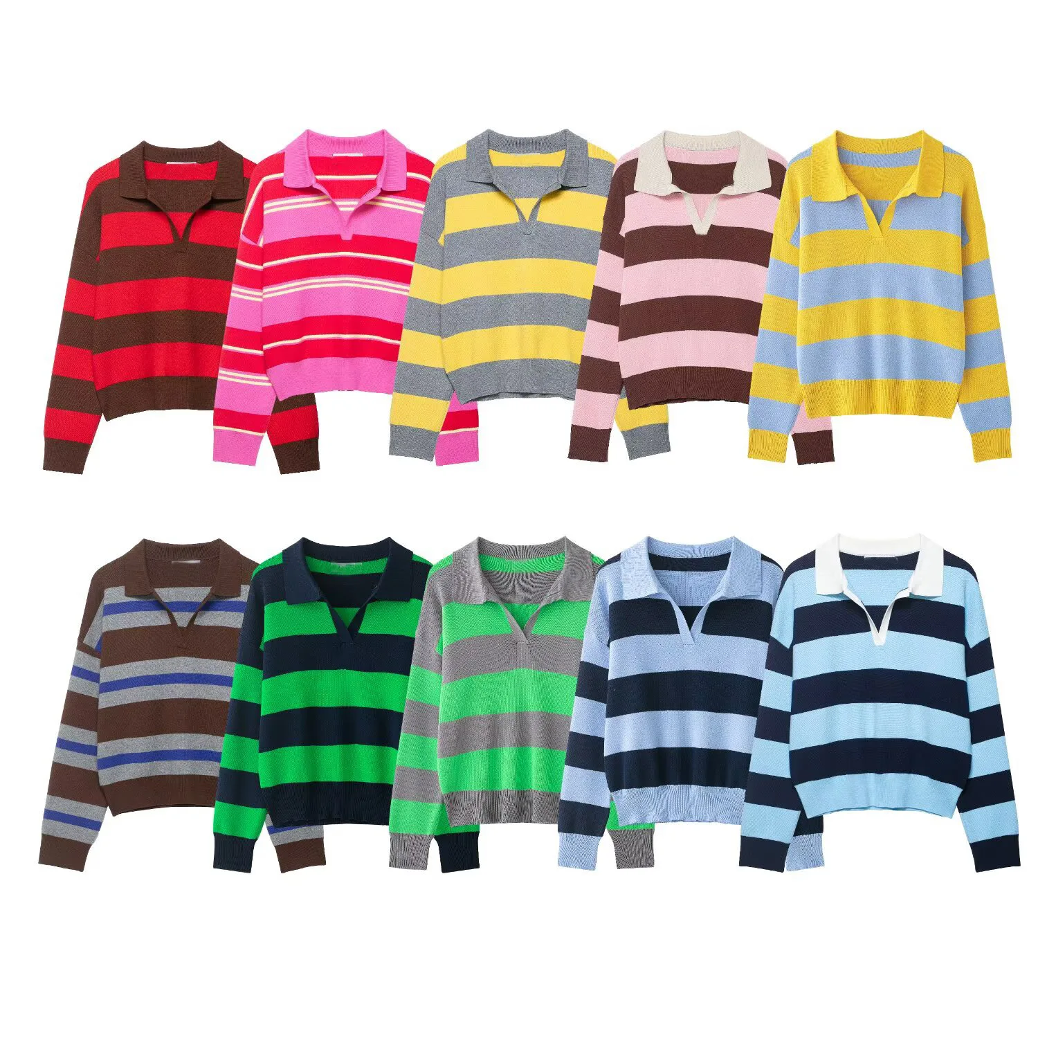 2026 spring and summer POLO collar long-sleeved contrasting color striped pullover knitted sweater women
2026 spring and summer POLO collar long-sleeved contrasting color striped pullover knitted sweater women