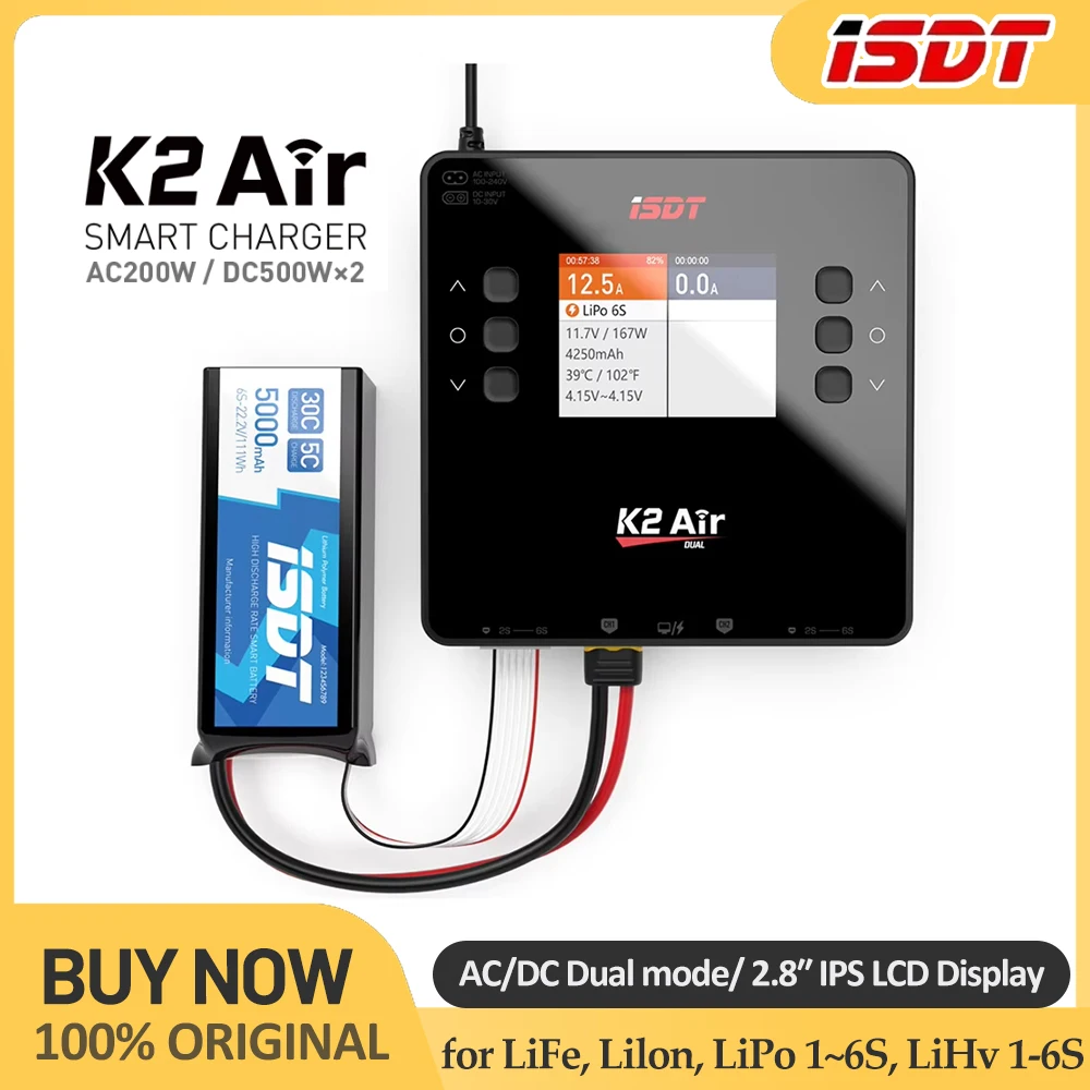 ISDT K2 Air Smart Charger AC 200W DC 500Wx2 20A Dual Channel Balance Lipo Charger Discharger for LiFe/Lilon/LiPo 1~6S/LiHv 1-6S
ISDT K2 Air Smart Charger AC 200W DC 500Wx2 20A Dual Channel Balance Lipo Charger Discharger for LiFe/Lilon/LiPo 1~6S/LiHv 1-6S