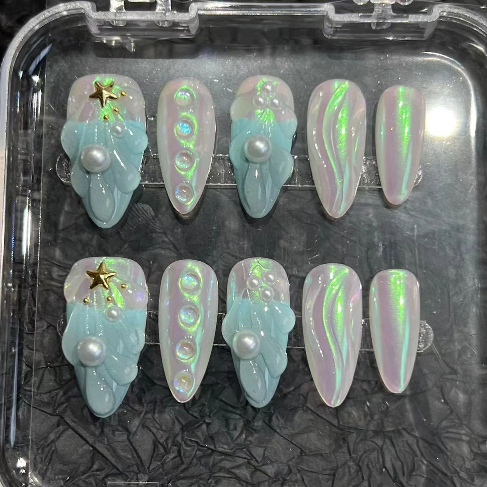 Press On Nails Blue Aurora Handmade Fake Nails Pearl Rhinestone Artificial Nails Long French Flash Almond False Nails Wearable
Press On Nails Blue Aurora Handmade Fake Nails Pearl Rhinestone Artificial Nails Long French Flash Almond False Nails Wearable