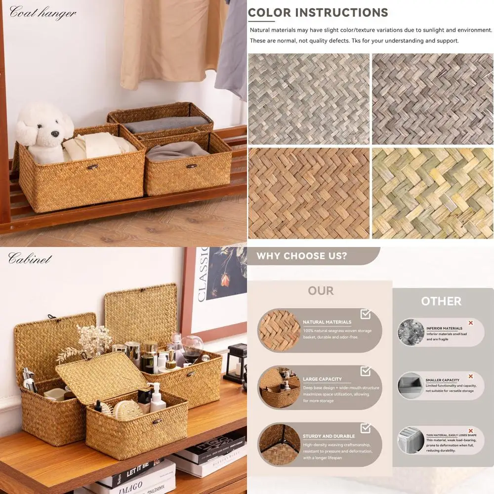 Набор из 3-х корзин для хранения из натуральных морских водорослей с крышками — прямоугольные многофункциональные коробки с декором в стиле бохо для организации дома
Набор из 3-х корзин для хранения из натуральных морских водорослей с крышками — прямоугольные многофункциональные коробки с декором в стиле бохо для организации дома