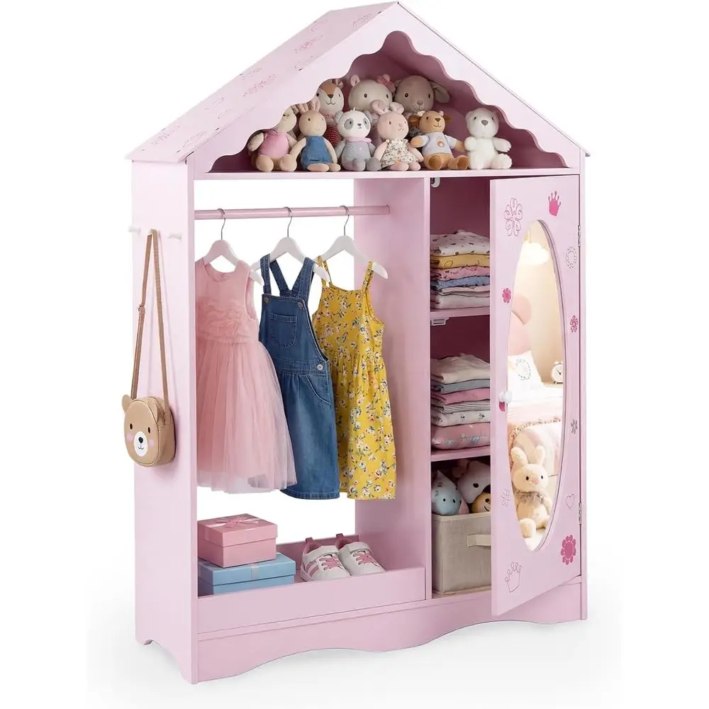 Children's Mirrored Storage Cabinet, Open Rack Wardrobe with Hooks, Kids' Armoire Organizer for Bedroom and Playroom in Pink
Children's Mirrored Storage Cabinet, Open Rack Wardrobe with Hooks, Kids' Armoire Organizer for Bedroom and Playroom in Pink