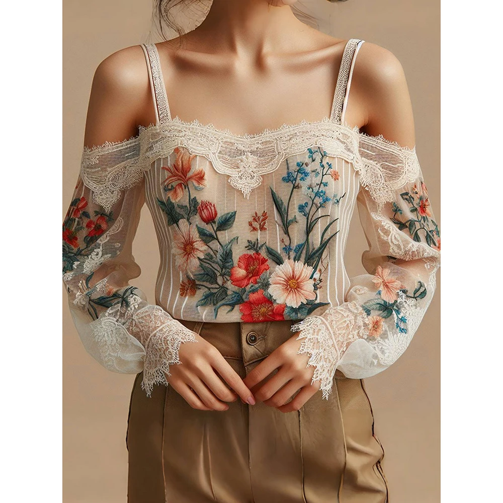 Sexy Off-Shoulder Suspenders Women Blouse Floral Pattern Cold Shoulder Pullover Elegant Summer Long Sleeve Female Shirts Blouses
Sexy Off-Shoulder Suspenders Women Blouse Floral Pattern Cold Shoulder Pullover Elegant Summer Long Sleeve Female Shirts Blouses