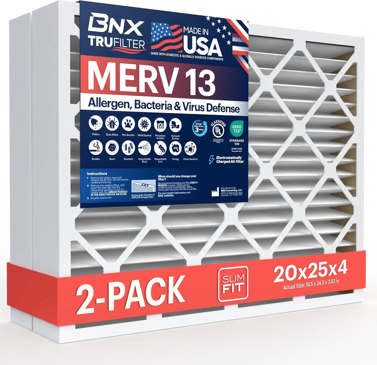 20x25x4 MERV 13 Air Filter (2-Pack) - Actual Size 19.5x24.5x3.63 Inches - Electrostatic HVAC Furnace AC Filter - Captures Pollen, Mold, Smoke, Bacteria
20x25x4 MERV 13 Air Filter (2-Pack) - Actual Size 19.5x24.5x3.63 Inches - Electrostatic HVAC Furnace AC Filter - Captures Pollen, Mold, Smoke, Bacteria