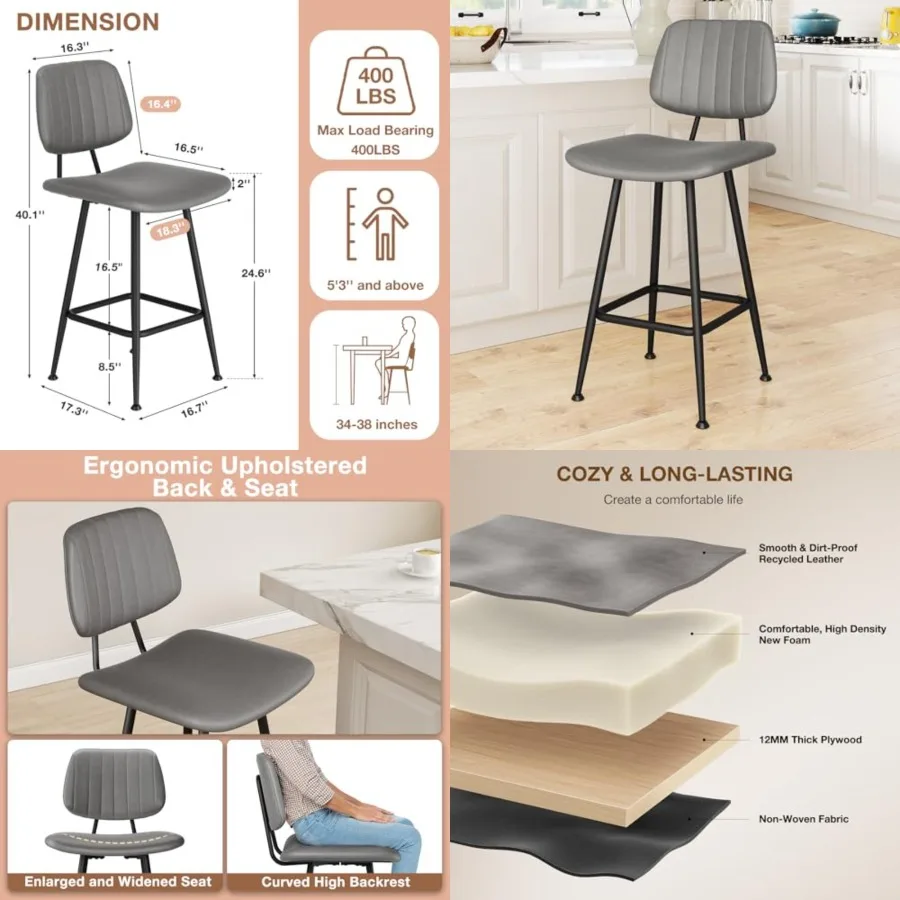 Leather Bar Stools, Counter Height Barstools with High Backrest Bar Chairs for Kitchen Island with Heavy Duty Metal Base, Gray
Leather Bar Stools, Counter Height Barstools with High Backrest Bar Chairs for Kitchen Island with Heavy Duty Metal Base, Gray