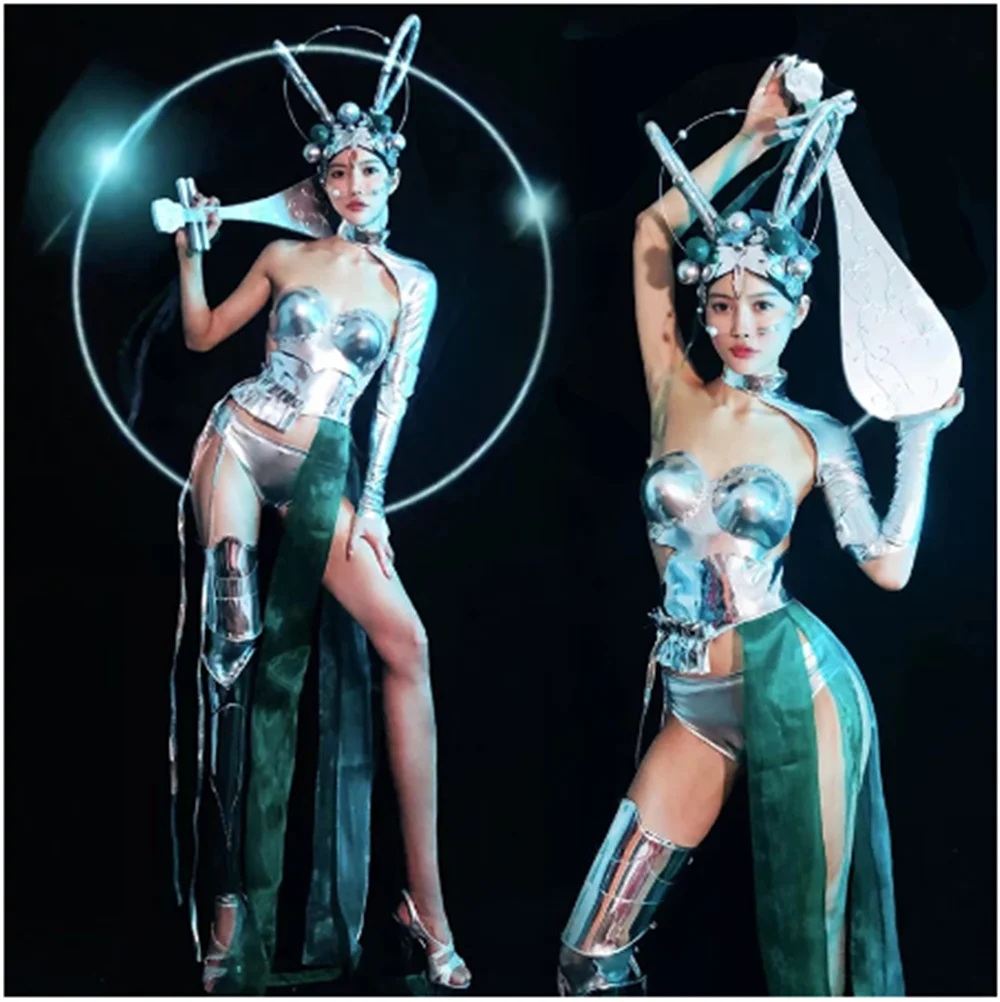Silver Dancer Stage Costume Punk Gogo Dancing Outfit Sexy Bikini Pole Dance Clothes Bunny Headwear Festival Clothing
Silver Dancer Stage Costume Punk Gogo Dancing Outfit Sexy Bikini Pole Dance Clothes Bunny Headwear Festival Clothing