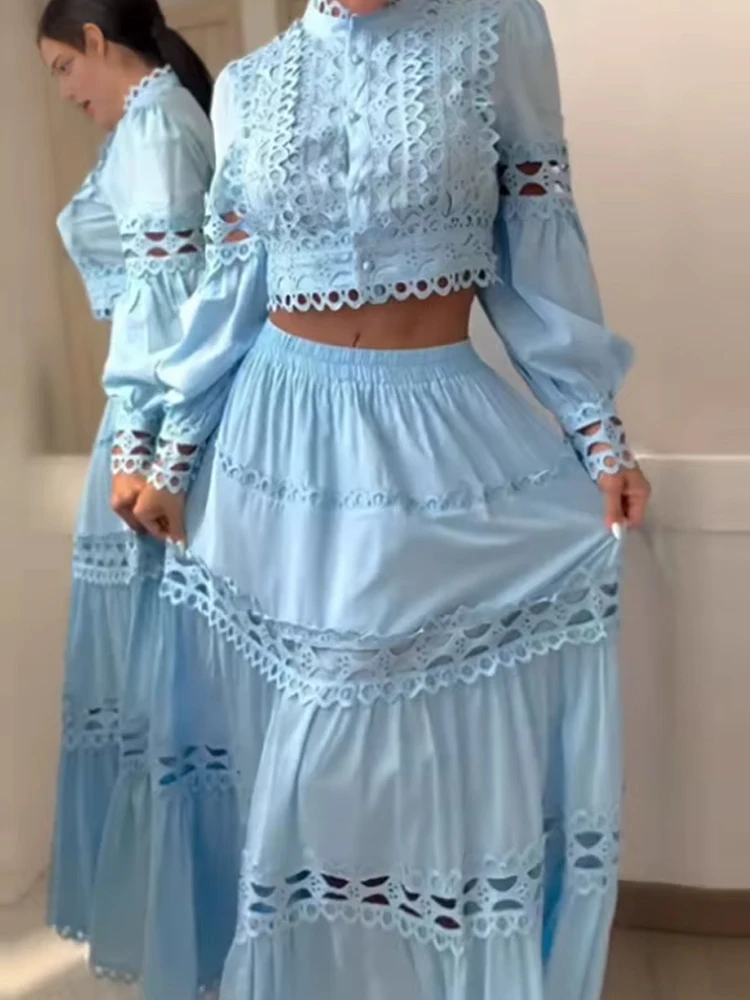 Elegant Stand Neck Blouse & A-Line Skirt Women Suit Fashion Hight Waist Pleat Outfits Sexy Hollow Out Solid Party Skirt 2Pc Sets
Elegant Stand Neck Blouse & A-Line Skirt Women Suit Fashion Hight Waist Pleat Outfits Sexy Hollow Out Solid Party Skirt 2Pc Sets