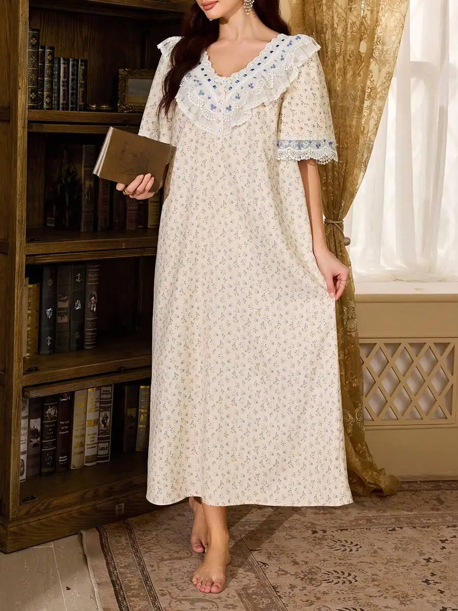 Romantic Vintage French Style Summer Ditsy Floral Nightgown With Embroidered Lace Trim
Romantic Vintage French Style Summer Ditsy Floral Nightgown With Embroidered Lace Trim