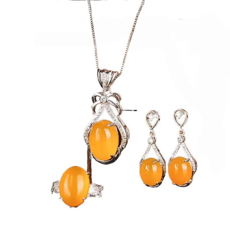 Silver Inlaid Amber Chalcedony Agate Ice Pendant Earrings Ring Bracelet Three-piece Set Jewelry
Silver Inlaid Amber Chalcedony Agate Ice Pendant Earrings Ring Bracelet Three-piece Set Jewelry