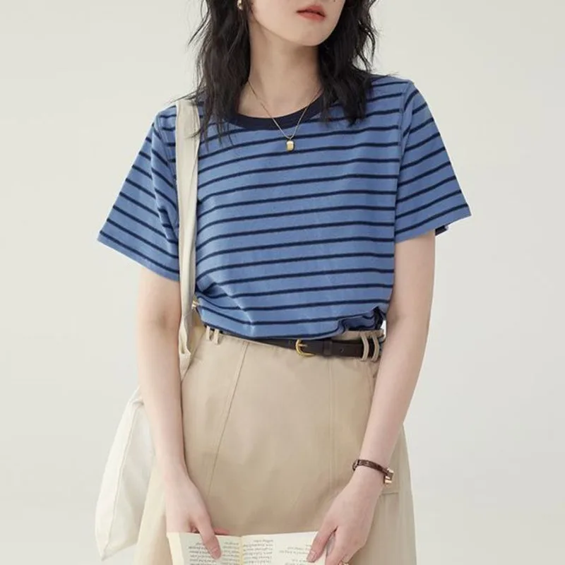 Striped Tops&Tees Blue White Women's Pure Cotton Summer Ins Shoulder Short Sleeve Round Neck T-shirt Loose Pullover Top Tee New
Striped Tops&Tees Blue White Women's Pure Cotton Summer Ins Shoulder Short Sleeve Round Neck T-shirt Loose Pullover Top Tee New