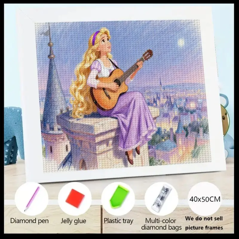1 шт. 5D DIY Full Drill Diamond Painting Kit, сверкающий кристалл, алмазное искусство принцессы Диснея Рапунцель, играющая на гитаре на башне 
1 шт. 5D DIY Full Drill Diamond Painting Kit, сверкающий кристалл, алмазное искусство принцессы Диснея Рапунцель, играющая на гитаре на башне