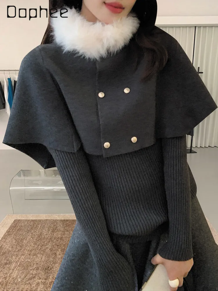 French Elegant Sweet Cape Cloak Three-Piece Set Knitted Sweater Winter New Fashion Plush Scarf Short Cape Long Sleeve Sweater
French Elegant Sweet Cape Cloak Three-Piece Set Knitted Sweater Winter New Fashion Plush Scarf Short Cape Long Sleeve Sweater