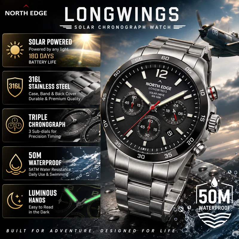 NORTH EDGE LONGWINGS Men Stainless Steel Electronic Watch, Solar Charging Quartz Watch 50M Waterproof Night Light Flying Watch
NORTH EDGE LONGWINGS Men Stainless Steel Electronic Watch, Solar Charging Quartz Watch 50M Waterproof Night Light Flying Watch
