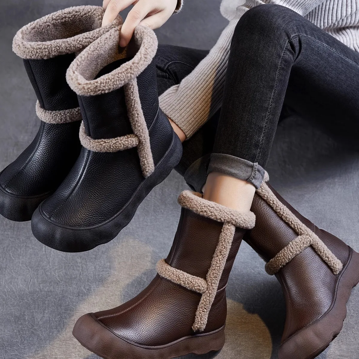 Warmth And Style: Genuine Top Layer Cowhide Snow Boots with Lamb's Wool Inner Thick Rubber Sole for Winter Fashion
Warmth And Style: Genuine Top Layer Cowhide Snow Boots with Lamb's Wool Inner Thick Rubber Sole for Winter Fashion