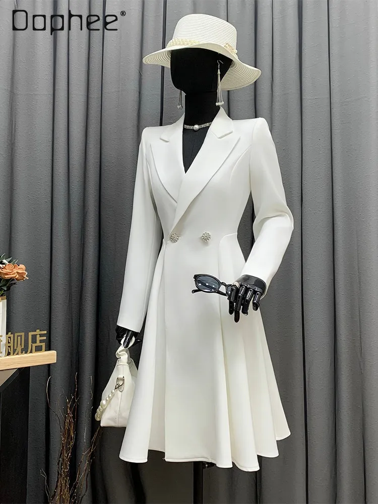 Elegant White Blazer Dress Women Double Breasted Lapel Rhinestone Button Slim Flare Midi Dress Luxury Formal Office Lady Outfit
Elegant White Blazer Dress Women Double Breasted Lapel Rhinestone Button Slim Flare Midi Dress Luxury Formal Office Lady Outfit
