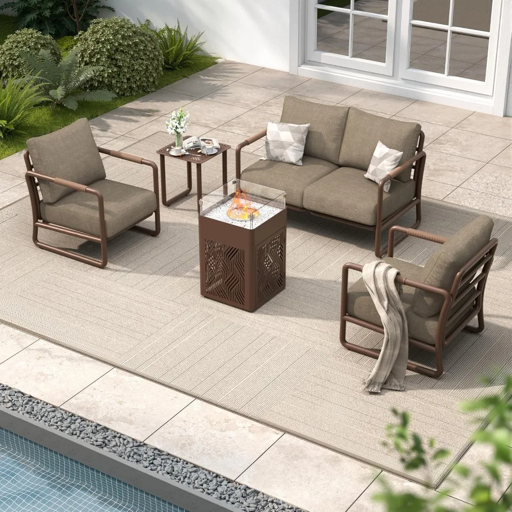4-Seat Outdoor Aluminum Patio Furniture Set with Fire Pit Table and Glass Wind Guard
4-Seat Outdoor Aluminum Patio Furniture Set with Fire Pit Table and Glass Wind Guard